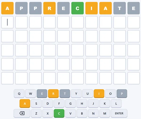 Green yellow and gray feedback on a ten-letter guess