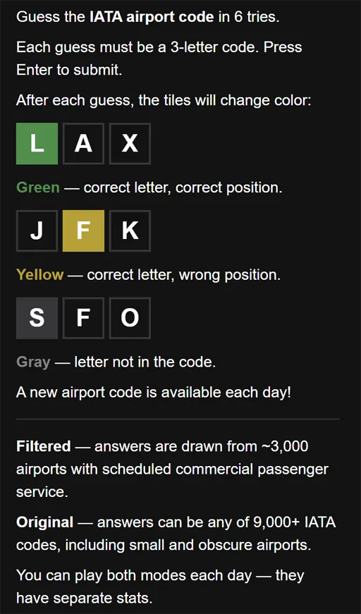 Airportle board with a three character IATA code guess entered