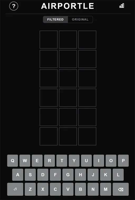 Airportle tile colors showing green yellow and gray feedback on an IATA guess