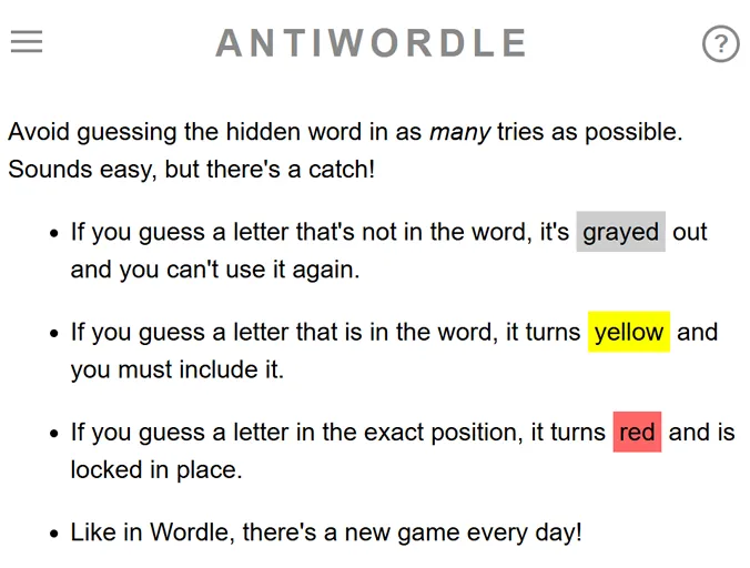 Antiwordle first guess showing gray, yellow and red tile feedback