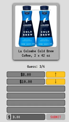 Costodle feedback showing color indicators and directional arrows after a price guess