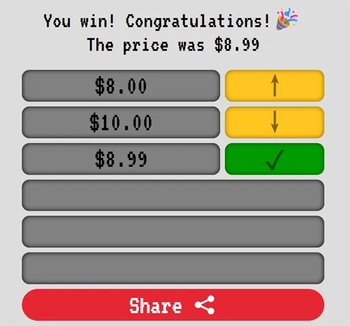 Costodle win screen showing the correct price and a share button