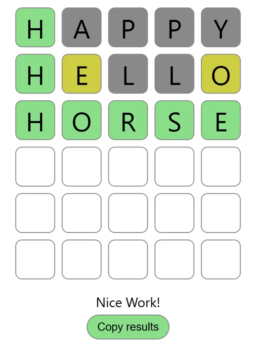 Horsle board with color feedback after multiple guesses