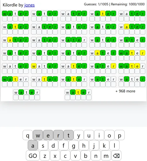 Kilordle interface showing one guess applied across many stacked word boards