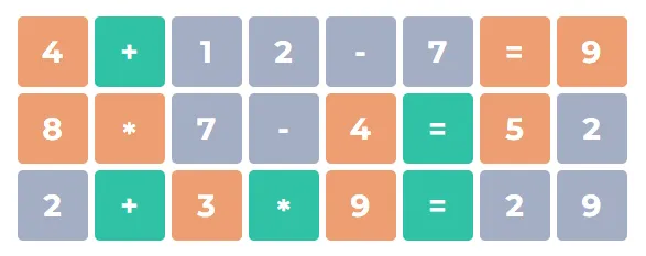 Numberle color feedback showing green, orange, and gray tiles after a guess