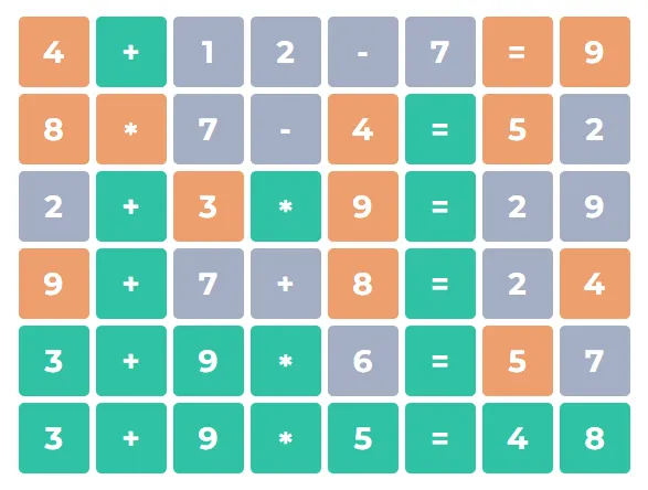 Numberle completed puzzle with all tiles green showing the correct equation
