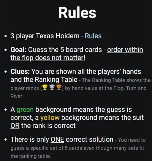 Pokle screen showing three player hands and the ranking table