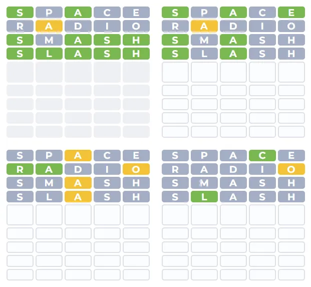 Colour feedback on four Quordle grids