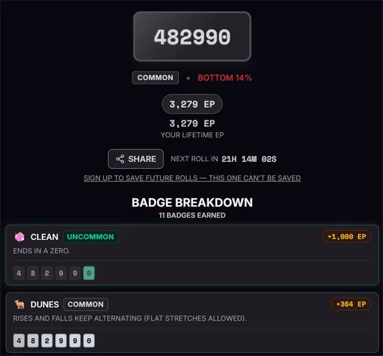 rngdle result with a rarity label and the badge breakdown