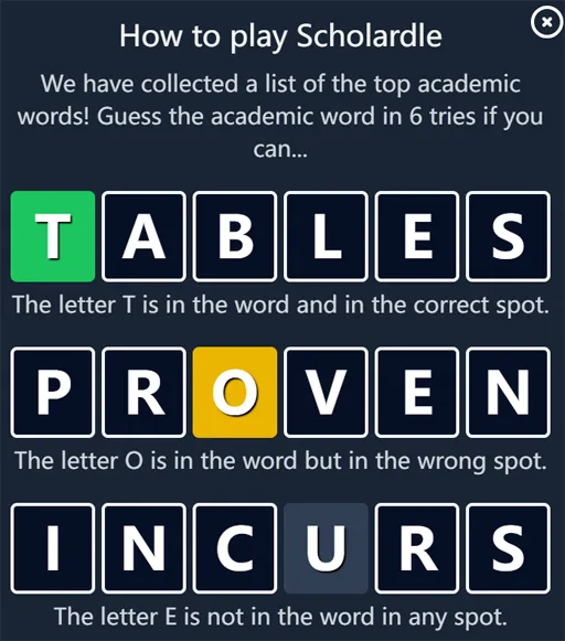 Scholardle empty five letter grid ready for the first academic word guess