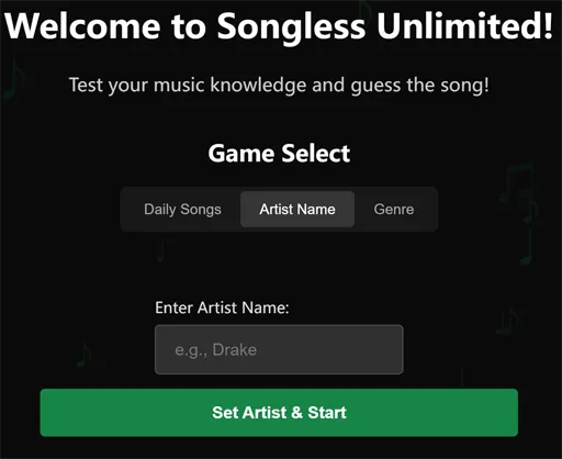 Songless Unlimited game screen showing mode selection and the Play button