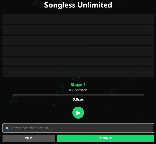 Songless Unlimited search bar with autocomplete suggestions and skip button