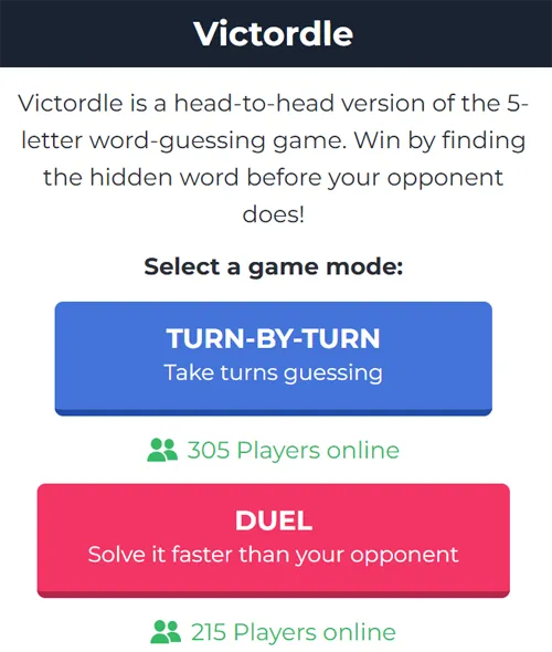 Victordle mode selection screen showing Turn-Based and Duel options